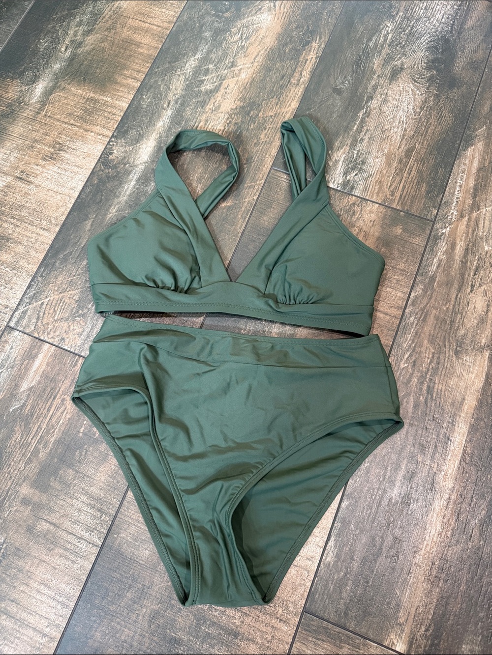 Cupshe Olive Green Cross-Front High-Waist Bikini